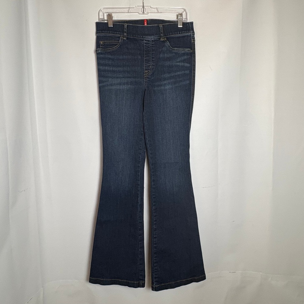 Spanx Womens Flare Jeans Dark Wash Blue Pull On High Rise Denim‎ Size Medium